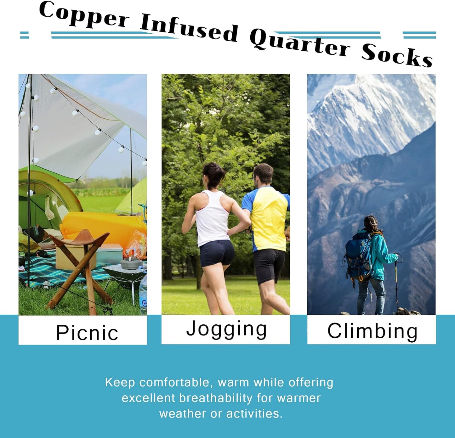 Copper Infused Quarter Socks Improve Foot Health Odor Control with Moisture Wicking Durable Comfortable Fit